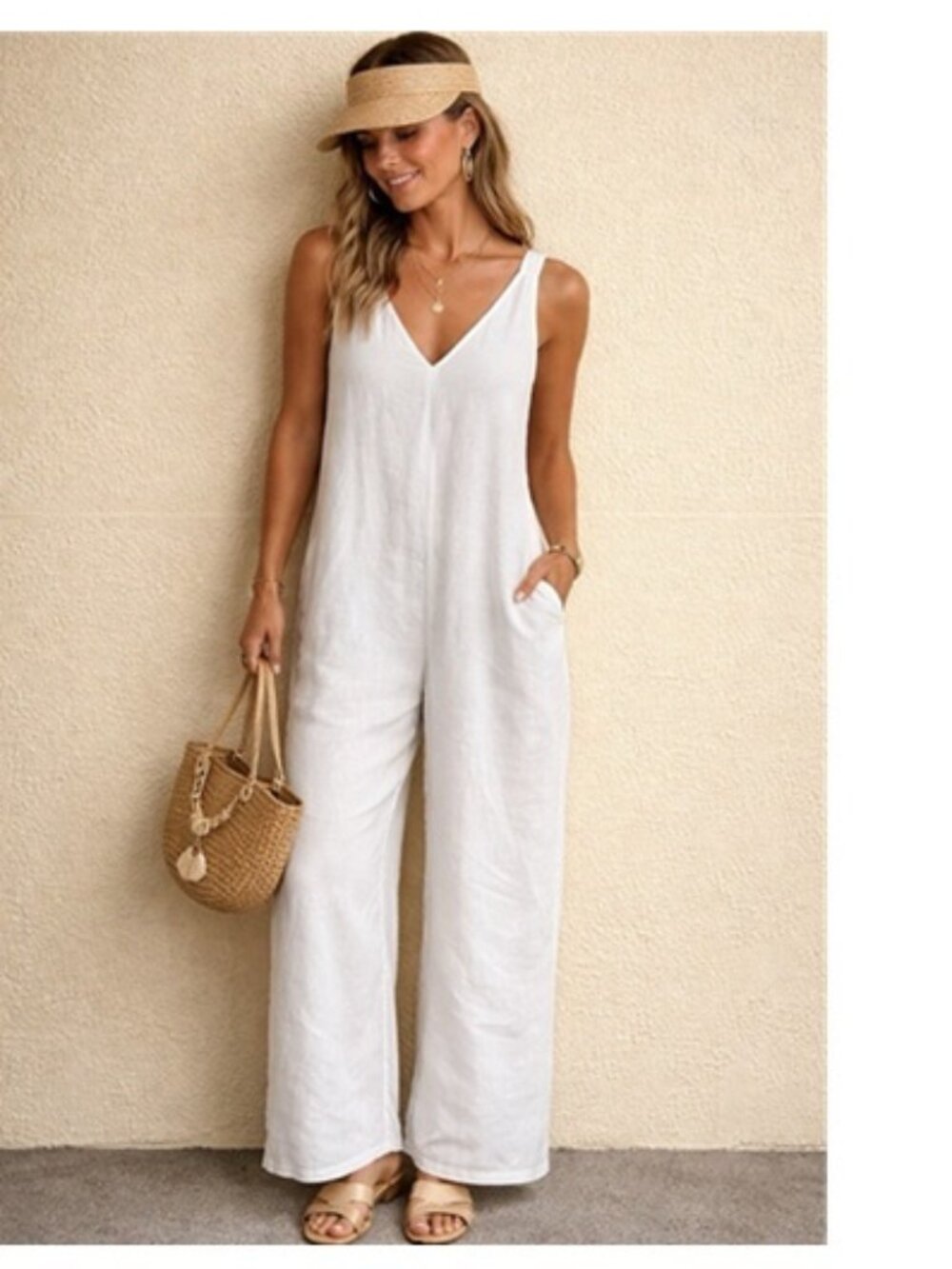 Elena Baldi White Linen Wide-Leg Jumpsuit M NWOT